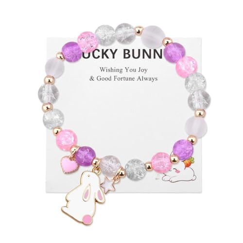 Easter Crystal Gifts Bracelets for Daughter Best Friend Cute Sparkling Bead Bunny Bracelet with Heart Star Charm Rabbit Stretch Bracelets for Spring Easter Good Luck Basket Stuffers Birthday Gifts