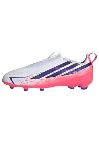 adidas Mixte Enfant F50 Hyperfast League Laceless Firm Ground Football Boots Kids Shoes, FTWR White/Solar Purple/Solar Turbo, 33 EU