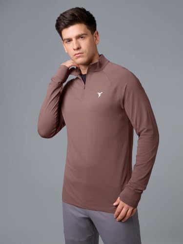 Image of TECHNOSPORT Men's Solid Quarter Zip Gym Slim Fit Active Sports T-Shirt with COTFLEX Full Sleeve Cotton Feel Polyester 4-Way Stretch Memory Fabric Lightweight Workout Running Training