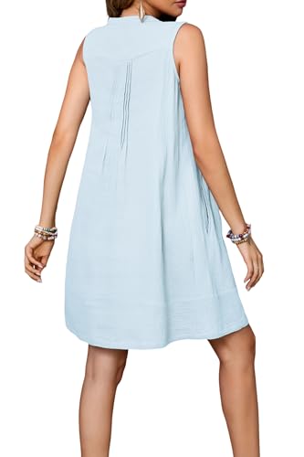 Image of R.Vivimos Sleeveless Cotton Casual Dresses for Women Summer 2026 Button Up Ruched Loose Tunic Mini Dress with Pockets