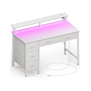 Seventable Computer Desk with Power Outlets & LED Light, 39 inch Home Office Desk with 5 Drawers, Writing Desk with Monitor Stand, Work Desk for Home Office, White