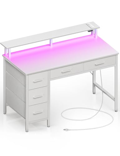 Seventable Computer Desk with Power Outlets & LED Light, 39 inch Home Office Desk with 5 Drawers, Writing Desk with Monitor Stand, Work Desk for Home Office, White by Seventable - Image 2