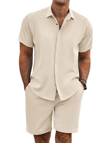 COOFANDY Men's Summer Beach Outfits 2 Piece Short Sleeve Shirts and Shorts Vacation Texture Linen Sets for Men