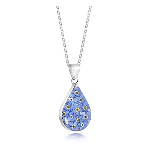Natural Flower Jewellery Sterling Silver Medium Tear Drop Pendant Made with Real Forget Me Nots Cover