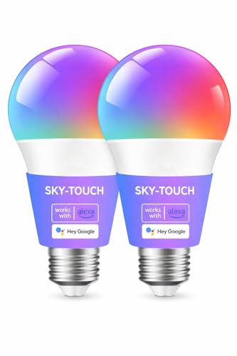 SKY-TOUCH 2Pcs Smart Led Bulb with Alexa WiFi Google Assistant Home App Smart WiFi and Bluetooth E27 Remote RGB Control Color Bulbs AC 190-24V 50/60HZ 10W 2700k-6500K