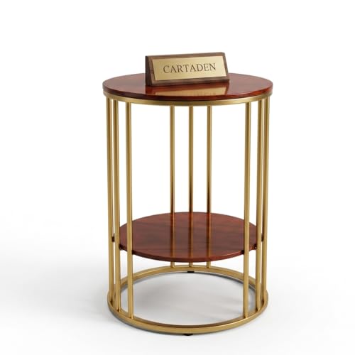 Image of CARTADEN Side Table, Small Round End Table with Lower Shelf, Nightstand for Small Spaces, Bedside Coffee Table for Living Room, Bedroom Gold Brown