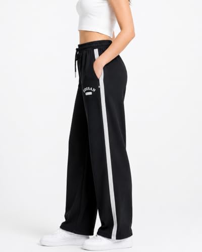 Image of Women's Wide Leg Track Pants | Cotton Blend Relaxed Fit Palazzo Trousers with Elastic Waist & Drawstring | Casual Lounge Wear for Women