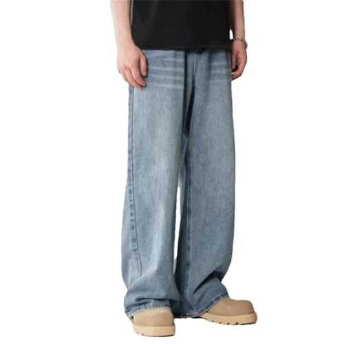 Men's Classic Straight Leg Casual Jeans, Black Denim, Wide Leg Vintage Outside, High Street