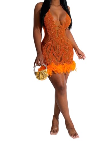 Image of WOKANSE Sequin Dress for Women Sexy Halter Sleeveless Mesh See Through Feathers Short Club Dresses