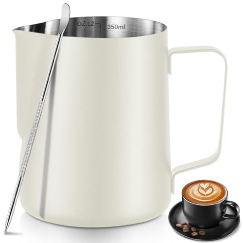 Frothing Milk Pitcher 12 oz/350 ml Stainless Steel Frothing Milk Jug with Latte Art Pen with Internal Measurements for Cappuccino Espresso and MoreWhite