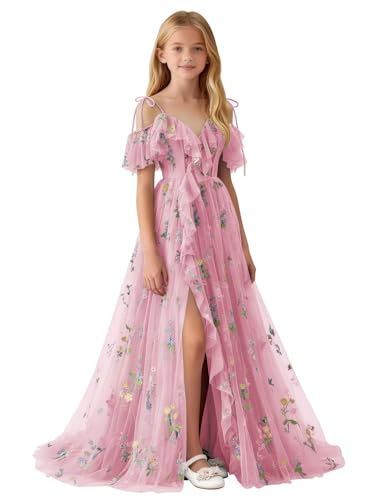 SoDigne Flower Embroidery Tulle Flower Girl Dress with Slit 2026 Spaghetti Straps Long Junior Bridesmaid Dresses Pink V Neck Fairy Formal Pageant Gown Size 6
