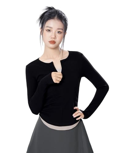 Long Sleeve Black Big Girls Athletic Undershirts, Women Y2K Tops Faux-2 Pieces Shirts with Invisible Zipper for Yoga, Dance Ballet, Jazz, Jogging, Biking, Workout and Exercise