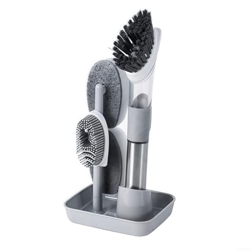 Cepillos de limpieza de cocina con dispensador de jabón, mango largo 4 en 1 para lavavajillas eficaz y limpieza múltiple, incluyendo utensilios de cocina y azulejos (gris)
