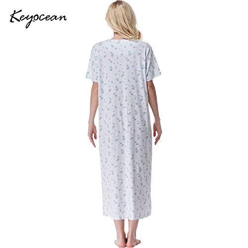 Keyocean Women Nightgowns, Soft Comfortable 100% Cotton Short Sleeves Ladies Nightdress, Blue Floral, Xx-Large (Xxl) #TOP1