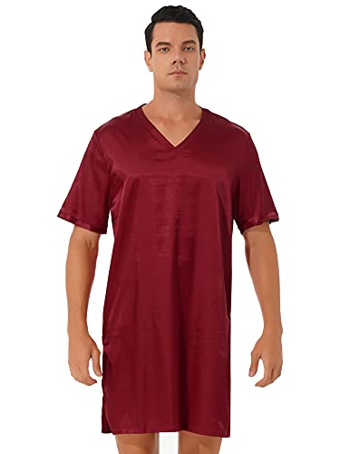 CHICTRY Men's Nightshirt Satin Nightwear Comfy V Neck Short Sleeve Soft Loose Pajama Sleep Shirt