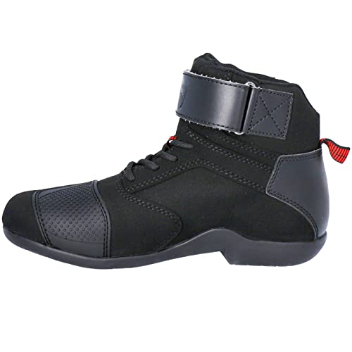 CURVE Rubi Vented Motorradstiefel, Schwarz/Rot, Mikrofaser, Knöchel- und Fersenschutz, Schnürverschluss, rutschfeste Sohle, Erwachsene, Herren und Damen, CE, Schwarz / Rot, 44 EU