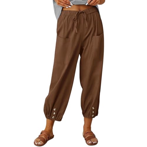 Womens Casual Loose Capris Pants Summer Wide Leg Lantern Linen Trousers with Pockets