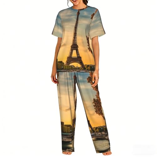 Ensemble de pyjama doux pour femme vêtement de nuit confortable imprimé Paris automne