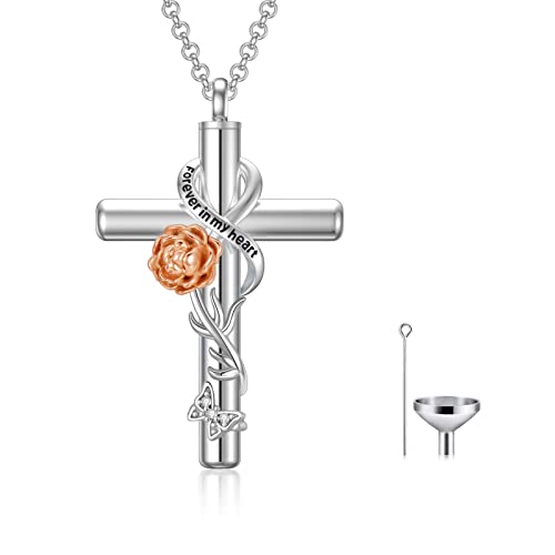 Cross Urn Necklaces for Ashes Sterling Silve 12 Month Birth Flower Cremation Jewelry for Ashes Urn Pendant Keepsake Memorial Pendant Necklace for Ashes for Human Women Pet