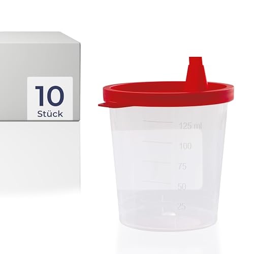 HaseMed Urinbecher 125 ml – 10 Stück Probenbecher mit rotem Deckel – Auslaufsicher, stapelbar & hygienisch für Urinproben, Laborbedarf, Arztpraxis, Klinik, Pflegeeinrichtungen