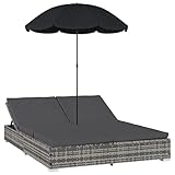 vidaXL Sonnenliege mit Sonnenschirm Doppelliege Gartenliege Relaxliege Liege Liegestuhl Gartenmöbel Rattanmöbel Sonnenbett Poly Rattan Grau