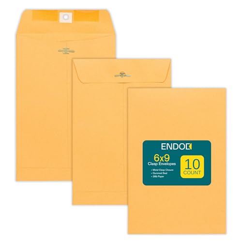 6x9 Clasp Envelopes – 10 Pack Brown Kraft Catalog Envelopes with Clasp Closure & Gummed Seal – 28lb Heavyweight Paper Mailing Manila Envelopes for Home, Office, Business, Legal or School