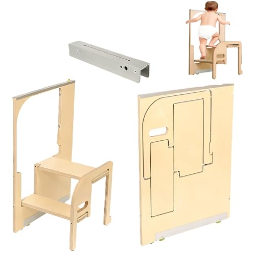 Jisano 2 Step Wood Build in Hidden Step Ladders Kitchen Build in Cabinet Step Stool, Hidden Folding Step Ladder for Home,Bathroom, Closet