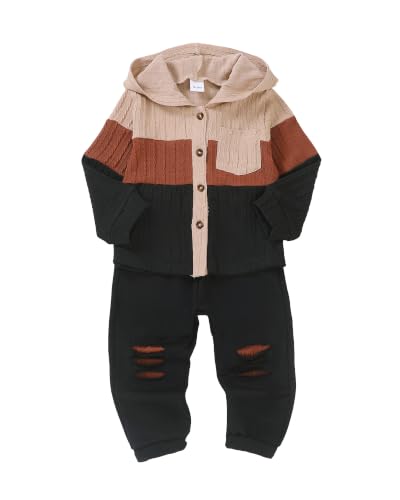 Image of Renotemy Toddler Baby Boy Clothes Winter Hoodie Flannel Boys Outfits 12M-4T | Toddler Boys Outfits,Fall Winter Long Sleeve Hoodie Sweatshirt Clothes Set,Infant Boys Flannel Plaid Top Ripped Pants Set