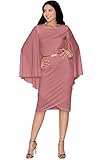 KOH KOH Womens Long Cape Batwing Cloak Dolman Sleeve Belt Knee Length Fall Winter Work Tunic Dressy Formal Casual Cocktail Funeral Mini Midi Dress Dresses, Cinnamon Rose Pink L 12-14