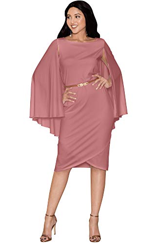 KOH KOH Womens Long Cape Batwing Cloak Dolman Sleeve Belt Knee Length Fall Winter Work Tunic Dressy Formal Casual Cocktail Funeral Mini Midi Dress Dresses, Cinnamon Rose Pink L 12-14