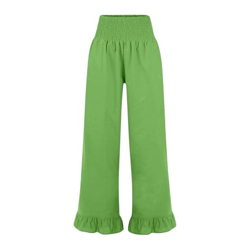 Image of Palazzo Pants for Women Linen Smocked Elastic Waist Ruffle Wide Leg Pants Summer Beach Flowy Boho Pant with Pockets
