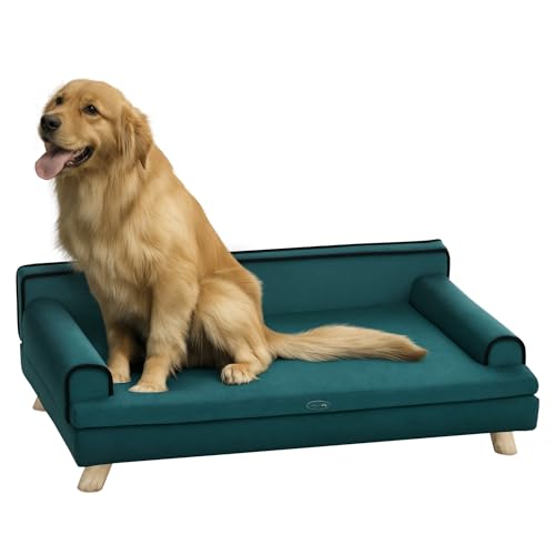 PawHut Sofa für Hunde und Katzen, skandinavisches Design, weiches Kissen, abnehmbar, Füße, Massivholz, 100 x 62 x 32 cm, Entenblau