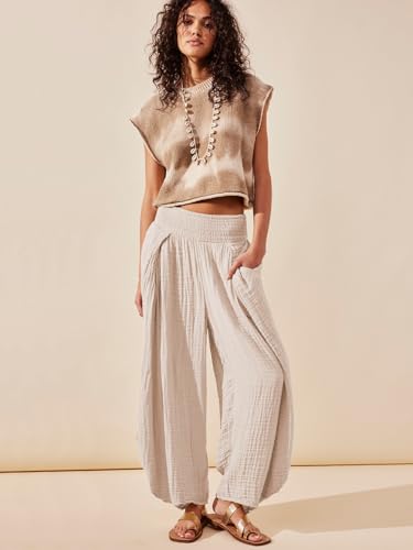 utcoco Womens Casual Baggy Harem Pants Pleated Stretchy Waist Loose Fit Lounge Pants Trouses with Pocket2