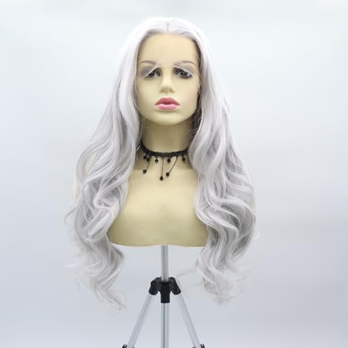 xiweiya Silver Gray Lace Front Wig Hair Long Platinum Gray Body Wave Synthetic Lace Front Wigs Side Part Natural Hairline Heat Resistant Hair 180% Density Wig for Women Drag Queen Christmas Wig 24inch