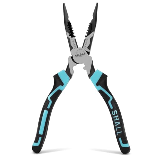 SHALL 7-in-1 Long Needle Nose Pliers, Wire Stripper/Cutter/Crimper and Spanner, 8” Long Nose Pliers for 20-12 AWG (0.8-2.0 mm), High Leverage Cr-V Multi Hand Tools for Electrician