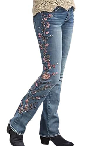 ebossy Women's Embroidery Floral Boot Cut Jeans Retro High Waist Slim Horseshoe Denim Pants