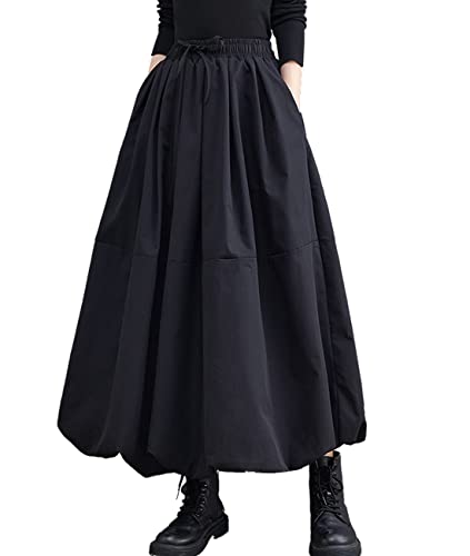Femiserah Women's Black Elastic Waist A Line Long Bubble Pompom Lantern Skirt