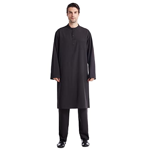 HANYIMIDOO Muslim Solid Color Men's Long Sleeves Round Collar Robe Islamic Kaftan and Pants Sets