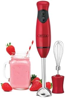BELLA 2-Speed Hand Immersion Blender with Whisk Attachment, 250 Watt, Red, Immersion Blender with Dishwasher Safe Whisk & Blending Attachments for Food Prep (14460)