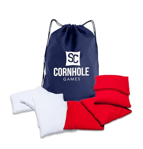 SC Cornhole Games Weather Resistant Cornhole Bags (Set of 8) - Professional Regulation Size- Use on Pro Corn Hole Boards or Bean Bag Toss Sets (Red/White)