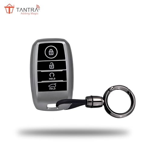 Image of SIAGO TPU Key Cover and Round Keychain Compatible for Kia Seltos, Sonet, Carens, Carnival 4 Button Smart Key (Hold Button Down) (Grey)