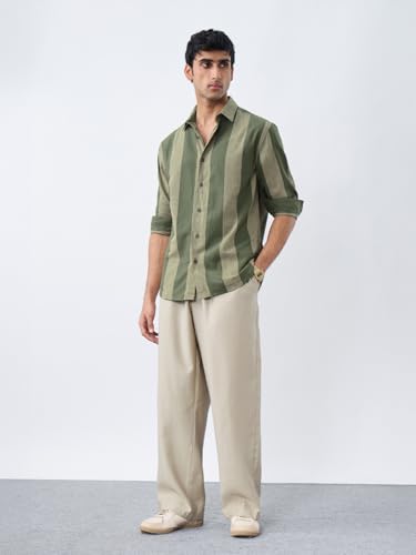 Image of The Souled Store Cotton Linen Stripes: Apricot Men and Boys Long Sleeves Collared Neck Orange Stripes Regular Fit Lightweight Comfortable Summer Cotton Linen Shirts
