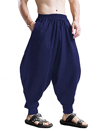 CLANMILUMS Men's Cotton Harem Pants Casual Loose Hippie Drop Crotch Trouser (Small, Navy1)