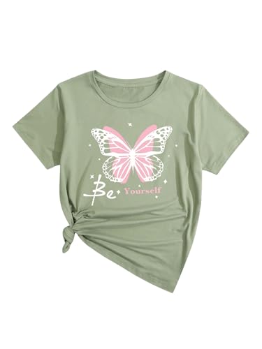 SweatyRocks Girl's Butterfly Letter Graphic Tee Shirts Short Sleeve Crewneck Summer Tops