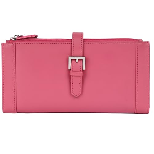 Image of Raizel Genuine Leather Clutch Purse for Women | Handheld Wallet with 2 Main Compartments, 1 Zipper Pockets, 5 Card Slots | Pink