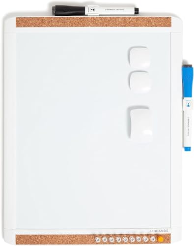 U Brands Contempo Magnetic Dry Erase Board, PINIT White Board, 11" x 14" Inches, White Plastic Frame Includes Markers, Magnets, Mini Eraser, Push Pins