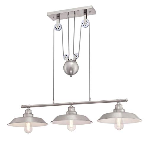 Westinghouse 6369900 Iron Hill Three-Light Indoor Island Pulley Pendant Light, Brushed Nickel Finish