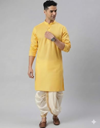 Image of Men Cotton Kurta & Silk Dhoti | Ethnic Wear for Weddings, Festivals & Celebrations (Pack of 1)