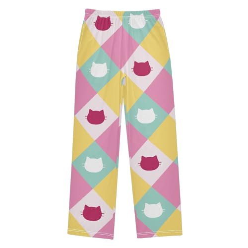 Cat on Plaid Boys Pants Boys Athletic Pants Long Pant for Boywith Pockets Wide-Leg Size 6-14Y