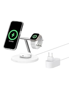 Belkin BoostCharge Pro 3-in-1 Qi2 Kabelloses Ladegerät, MagSafe-Kompatibles Ladegerät, Induktive Ladestation für die Apple iPhone 17, Air, 16, Pixelsnap, Apple Watch, AirPods, inkl. Netzteil – Weiß